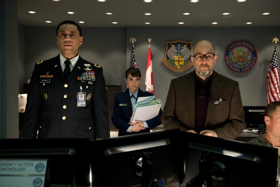 Harry Lennix (far left, with Christina Wren and Richard Schiff) played General Swanick in "Man of Steel" and he's revealed as the Martian Manhunter in "Zack Snyder's Justice League."