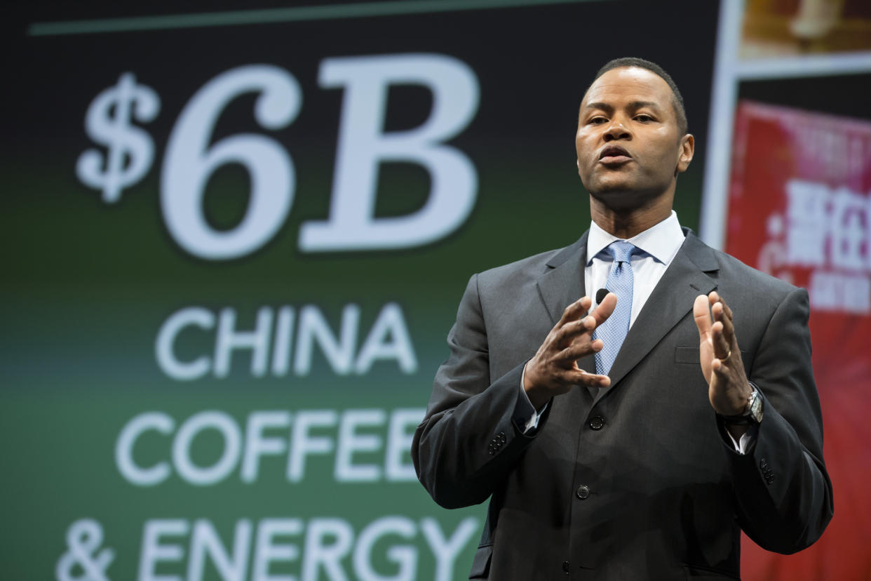 SEATTLE, WA - MARCH 18: Starbucks President of Global Channel Development Michael Conway speaks during the Starbucks annual stockholders meeting on March 18, 2015 in Seattle, Washington. The company announced a 2-for-1 stock split, the sixth in its history, during the meeting. (Stephen Brashear/Getty Images)