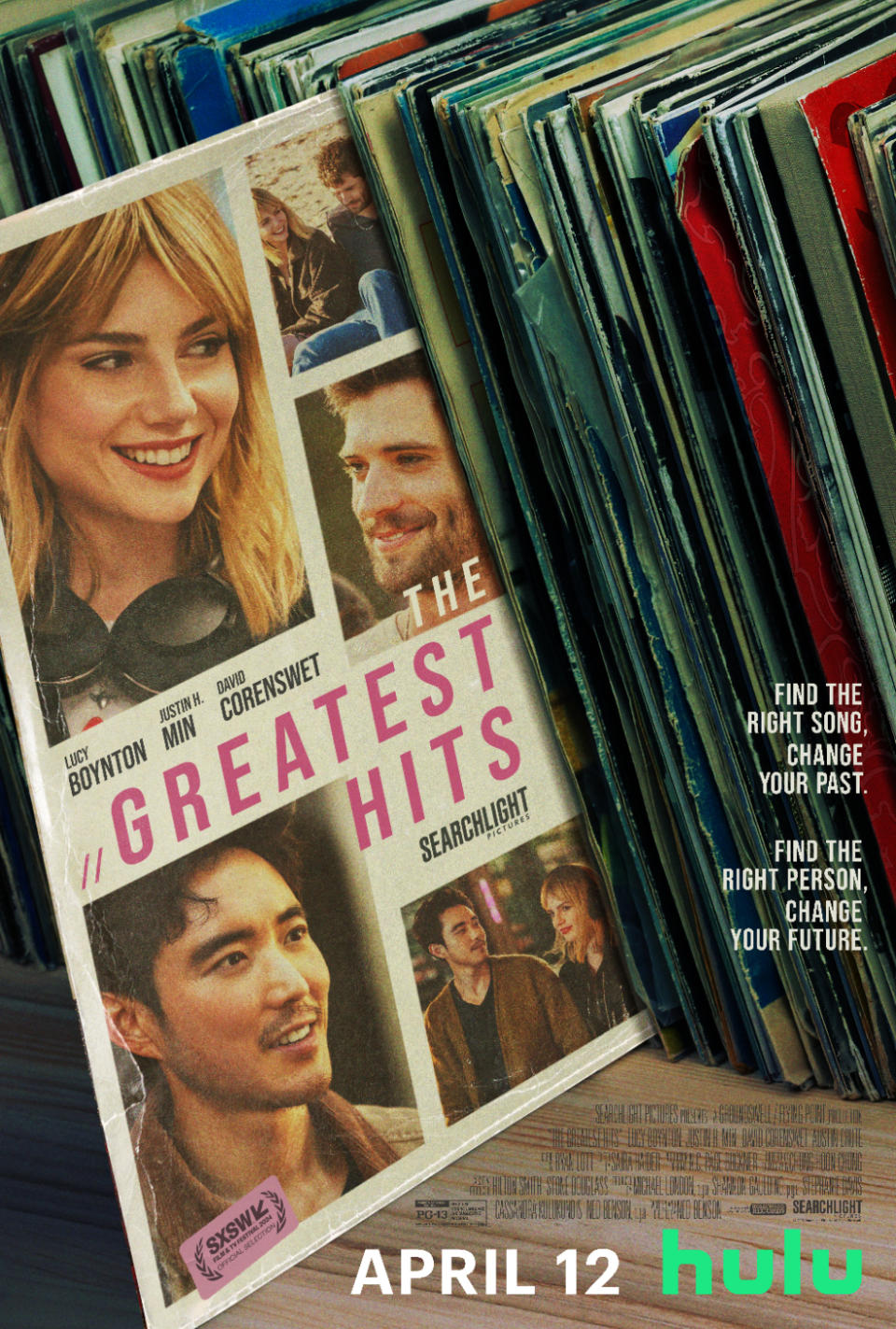 Poster for the film "The Greatest Hits" featuring actors Lily James, Minnie Driver, Kelvin Yu with movie tagline, release date April 12 on Hulu