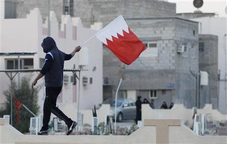 An anti-government protester waves a Bahraini flag in the village of Jidhafs, west of Manama, February 14, 2014. REUTERS/Hamad I Mohammed