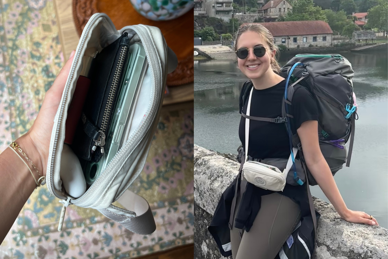 split screen of white lululemon Team Canada Future Legacy Mini Belt Bag COC CPC Logo open with wallet, phone and apple airpods and woman hiking in hiking backpack