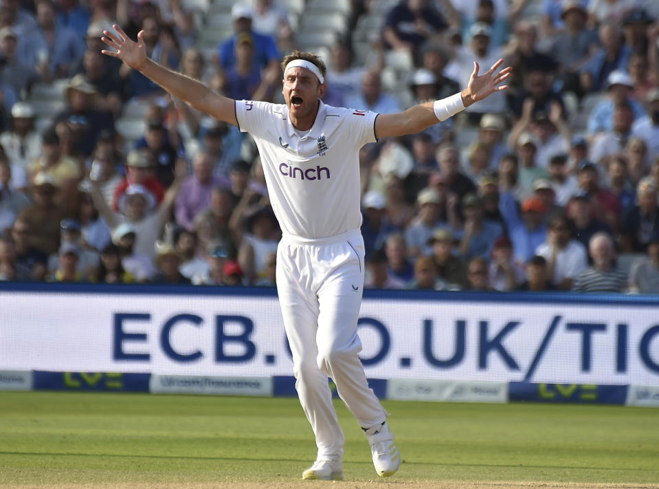 England's Stuart Broad appeals unsuccessfully for the wicket of Australia's Steven Smith during day four of the first Ashes Test cricket match, at Edgbaston, Birmingham, England, Monday, June 19, 2023. (AP Photo/Rui Vieira)