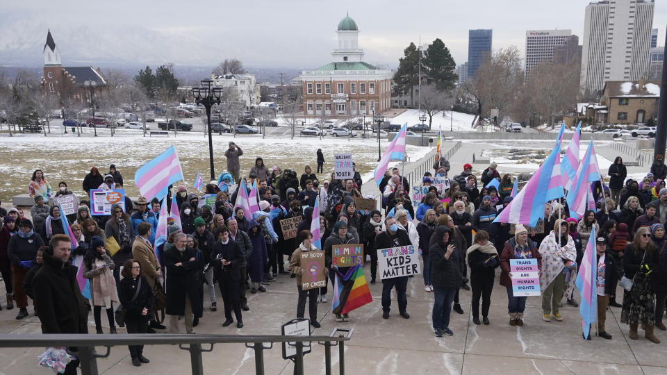 People gather in support of transgender youth during a rally at the Utah State Capitol (Rick Bowmer / AP file)