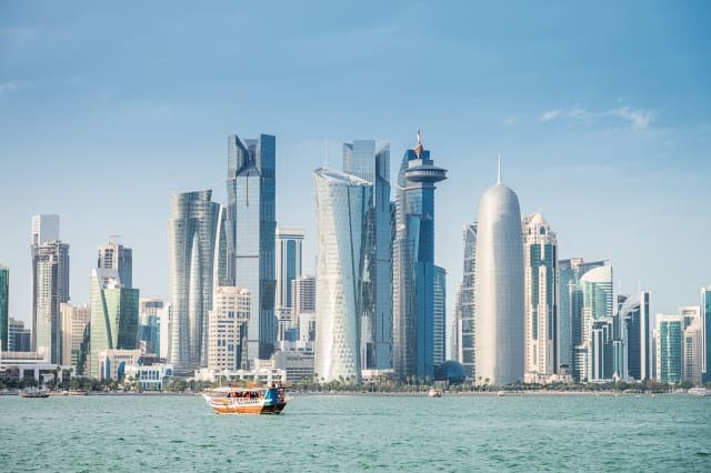 Dhow in Front of Modern Doha Skyline, Qatar