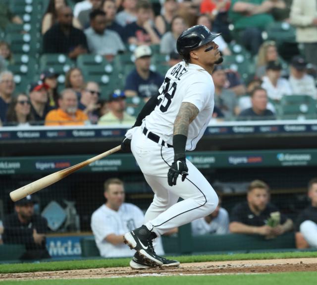 Javier Baez of the Detroit Tigers runs in action against the San in 2023