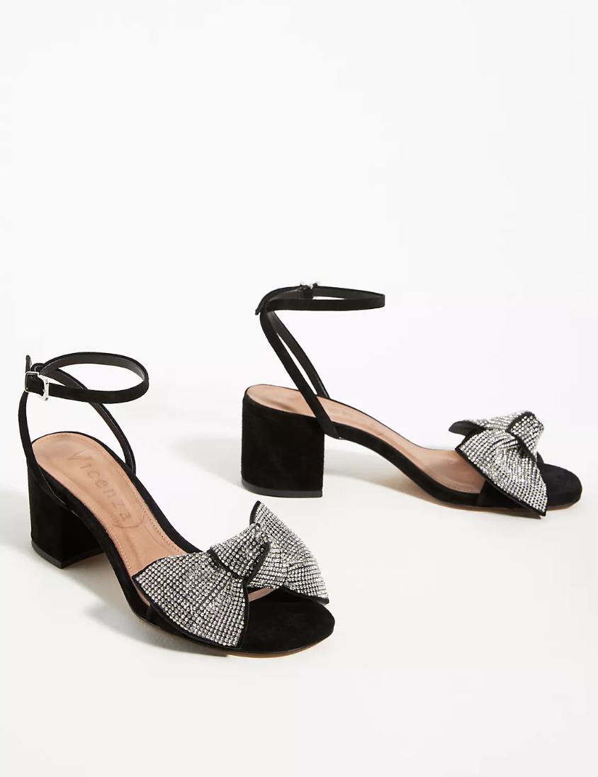 Vicenza Bow Heels with sparkly details and black block heel (Photo via Anthropologie)
