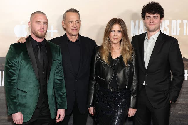 <p>Leon Bennett/WireImage</p> Chet Hanks, Tom Hanks, Rita Wilson, and Truman Hanks attend World Premiere of Apple TV+'s "Masters of the Air."