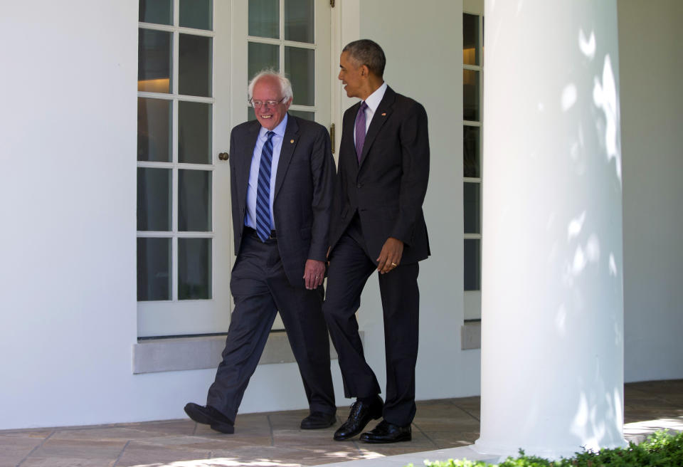 President Barack Obama walks with Democratic presidential candidate Sen. Bernie Sanders, I-Vt., down the Colonnade of the White House in Washington, Thursday, June 9, 2016. (Photo: Pablo Martinez/AP)