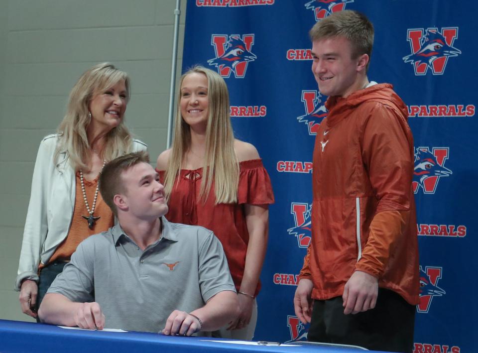 Jake Ehlinger and his family celebrate his signing to play football at UT-Austin, during the 2019 Early Signing Day on February 6, 2019 at Westlake High School.