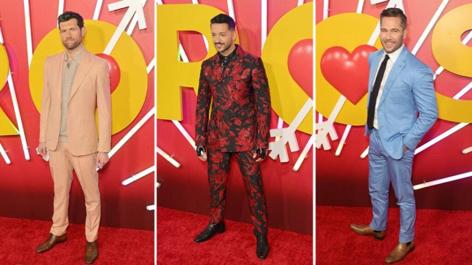 “Bros” co-writer and star Billy Eichner attends the film’s L.A. premiere with co-stars Jai Rodriguez and Luke Macfarlane at the Regal LA Live theaters. (Momodu Mansaray/Getty Images)