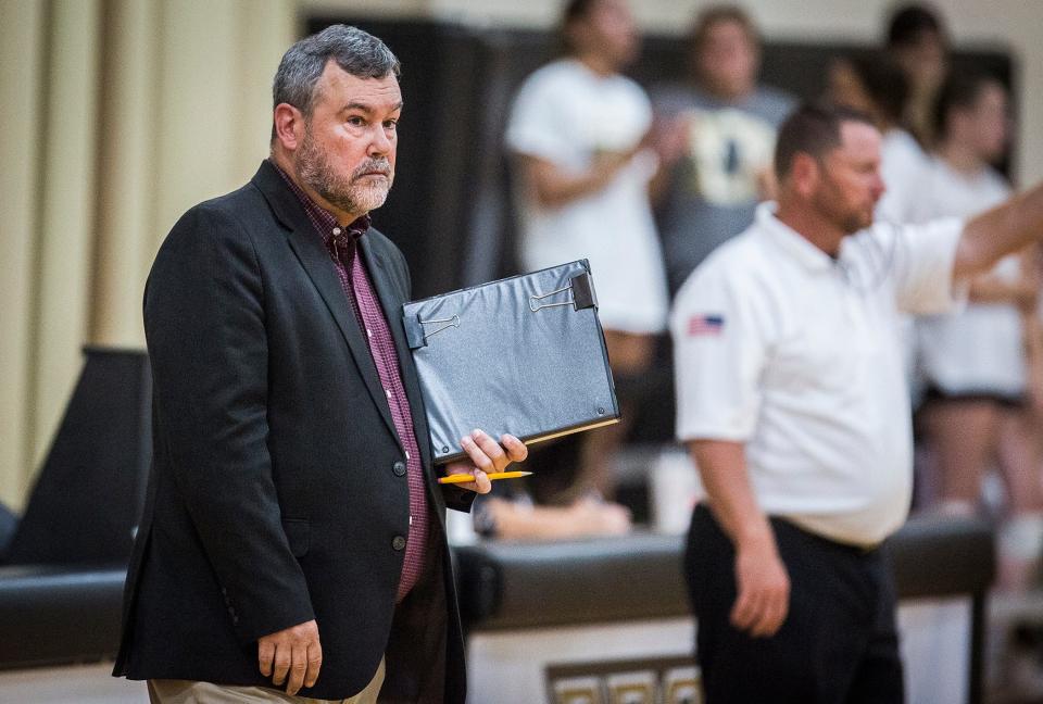 Wes-Del's Biff Wilson on the sideline during a match against Daleville at Daleville High School Tuesday, Aug. 17, 2021. Wes-Del won 3-0.