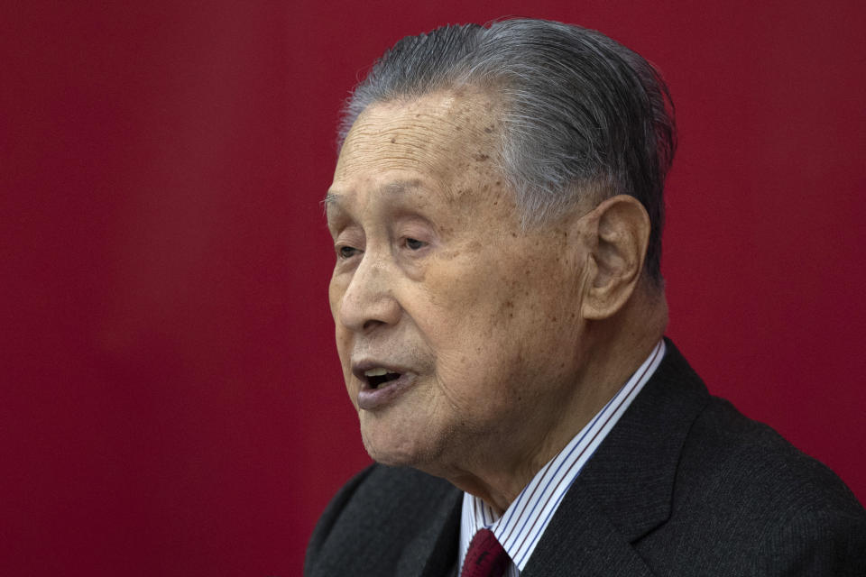 Yoshiro Mori, the president of the Tokyo 2020 Organizing Committee, speaks during the opening remarks session of the Tokyo2020 Olympics Executive Board Meeting, Tuesday, Dec. 22, 2020 in Tokyo, Japan. (Carl Court/Pool Photo via AP)