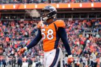 FILE PHOTO: Oct 14, 2018; Denver, CO, USA; Denver Broncos linebacker Von Miller (58) reacts in the third quarter against the Los Angeles Rams at Broncos Stadium at Mile High. Mandatory Credit: Isaiah J. Downing-USA TODAY Sports