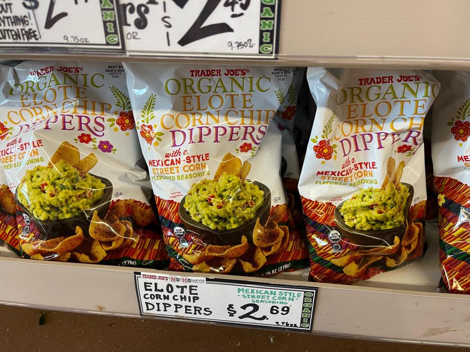 Trader Joe's organic elote corn-chip dippers on a shelf