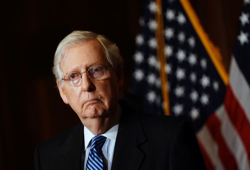 U.S. Senate Majority Leader Mitch McConnell stands during a news conference with Republican leaders at the U.S. Capitol in Washington