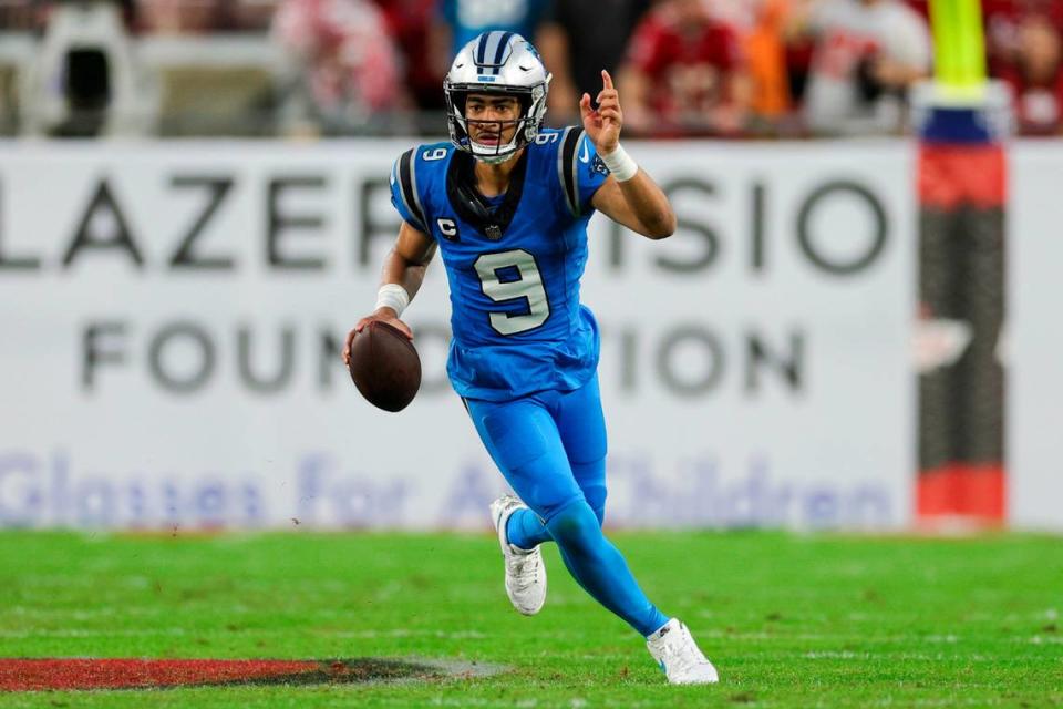 Dec 3, 2023; Tampa, Florida, USA; Carolina Panthers quarterback Bryce Young (9) runs with the ball against the Tampa Bay Buccaneers in the second quarter at Raymond James Stadium. Mandatory Credit: Nathan Ray Seebeck-USA TODAY Sports