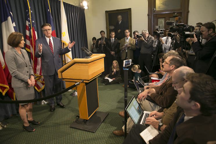 Texas Lt. Gov. Dan Patrick and Senator Lois Kolkhorst introduced Senate Bill 6 known as the Texas Privacy Act, which provides solutions to the federal mandate of transgender bathrooms, showers and dressing rooms in all Texas schools. (Photo: Ralph Barrera/Austin American-Statesman via AP)