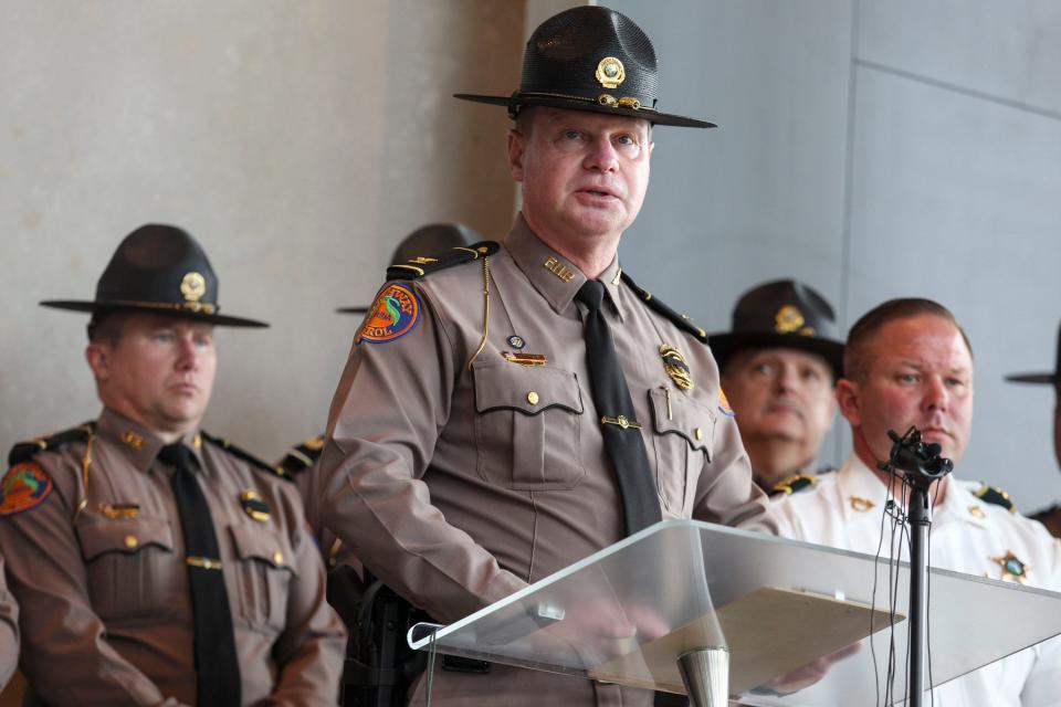 Gary Howze, director colonel of the Florida Highway Patrol, speaks during a news conference following the death of FHPTrooper Zachary Fink, on Friday, Feb. 2, 2024, at Christ Fellowship Church in Port St. Lucie. Fink was in pursuit of a fleeing felon, when he collided with a semi-truck on Interstate 95, FHP officials said. The truck driver died at the scene. Fink, 26, was taken to HCA Florida Lawnwood Hospital in Fort Pierce, where he died.