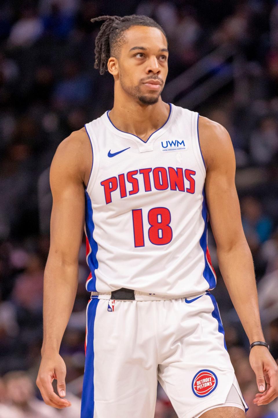 Detroit Pistons forward Tosan Evbuomwan during a preseason game against the Phoenix Suns at Little Caesars Arena, Oct. 8, 2023.