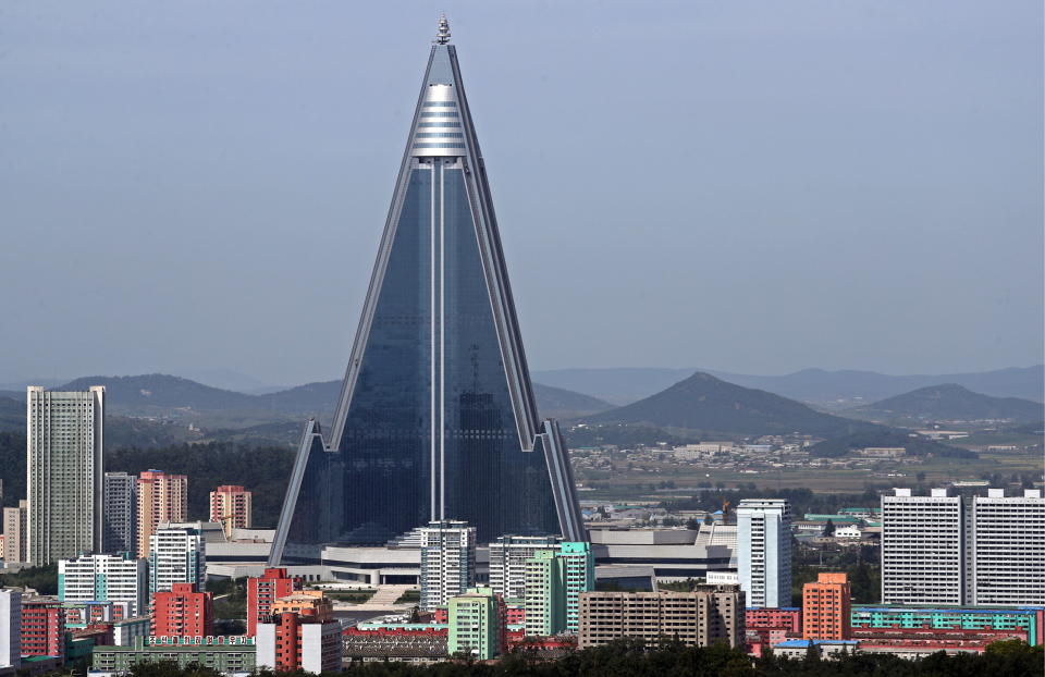 PYONGYANG, NORTH KOREA - SEPTEMBER 11, 2018: A view of the Ryugyong Hotel, a 105-story, 330-metre-tall pyramid-shaped skyscraper, in the city of Pyongyang. Alexander Demianchuk/TASS (Photo by Alexander Demianchuk\TASS via Getty Images)