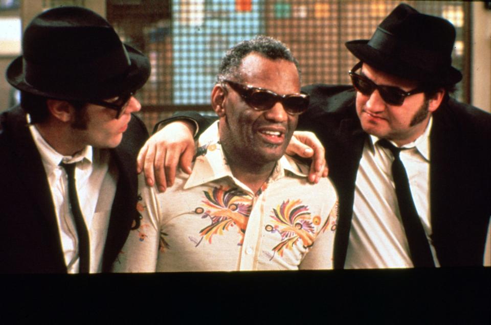 Ray Charles (center) cameos alongside Dan Aykroyd and John Belushi in "The Blues Brothers."