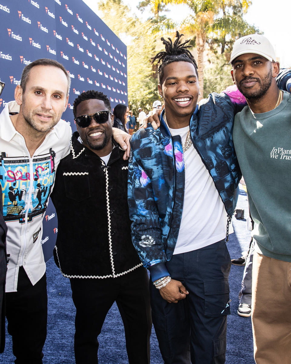 From left: Michael Rubin, Kevin Hart, Lil Baby and Chris Paul attend Michael Rubin's 2023 Fanatics Super Bowl Party at the Arizona Biltmore on February 11, 2023 in Phoenix, Arizona.