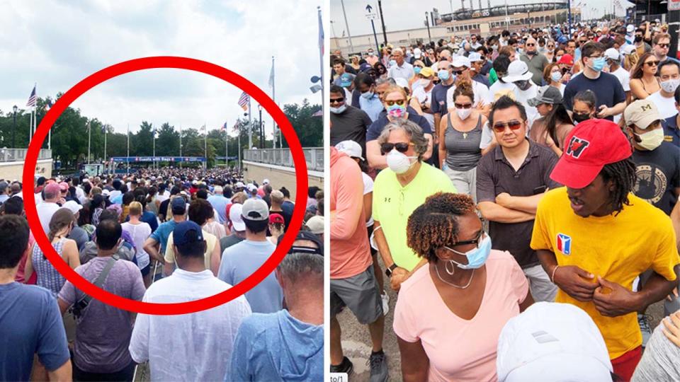 Fans lined up for hours (pictured left) at the US Open in horrendous heat (pictured right) due to new Covid-19 security measures at the US Open.