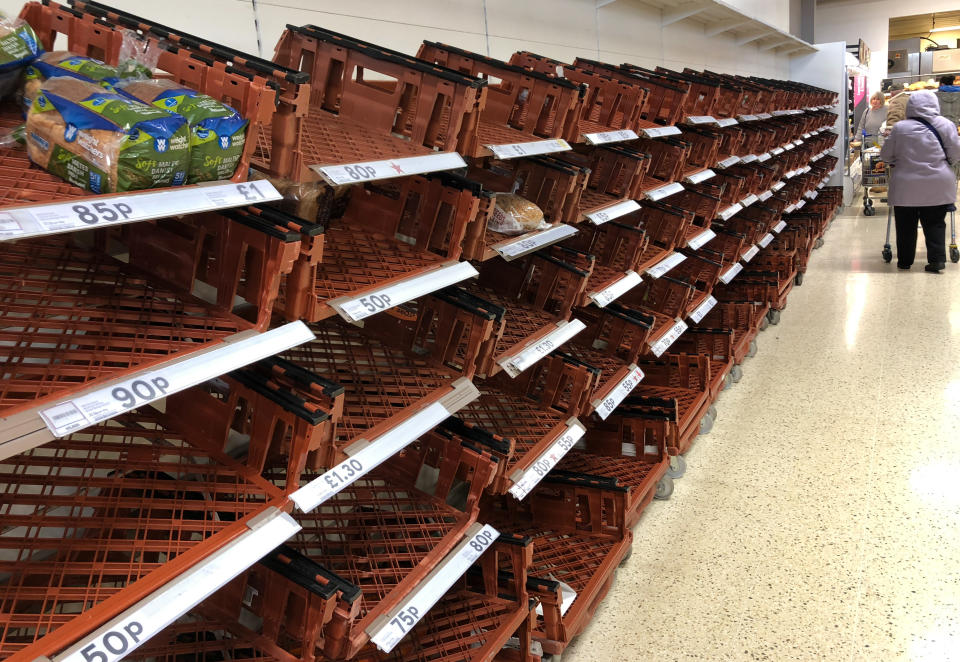 BATH, ENGLAND - MARCH 03:  Empty bread shelves are pictured in a  supermarket in Bath on March 3, 2018 in Somerset, England. Many parts of the UK are continuing to recover from the so called 'Beast from the East' with yellow warnings for snow and wind in place for some areas well into Monday.  (Photo by Matt Cardy/Getty Images)