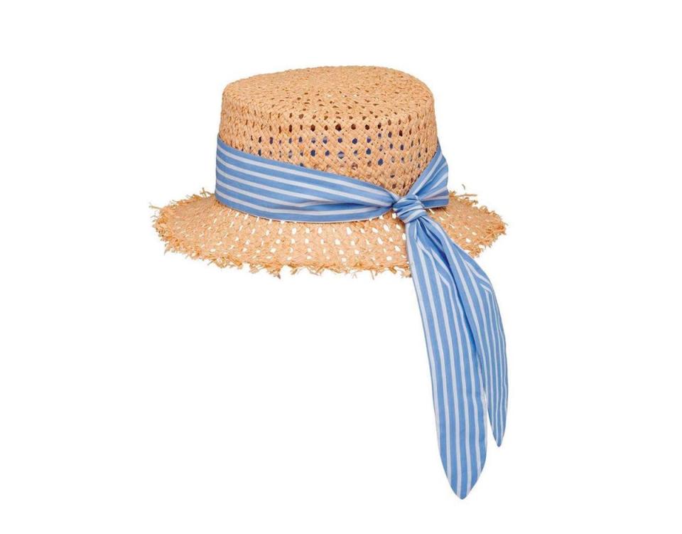 Miu Miu奶油白藍相間橫條紋布飾拉菲草遮陽帽。約NT$16,500（翻攝自Farfetch）
