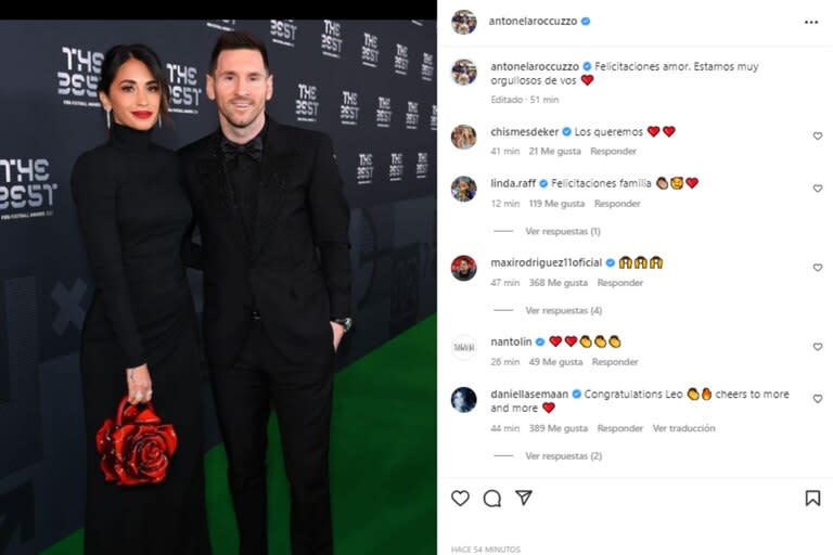 Antonela felicitó a Leo Messi por su premio como mejor jugador en The Best