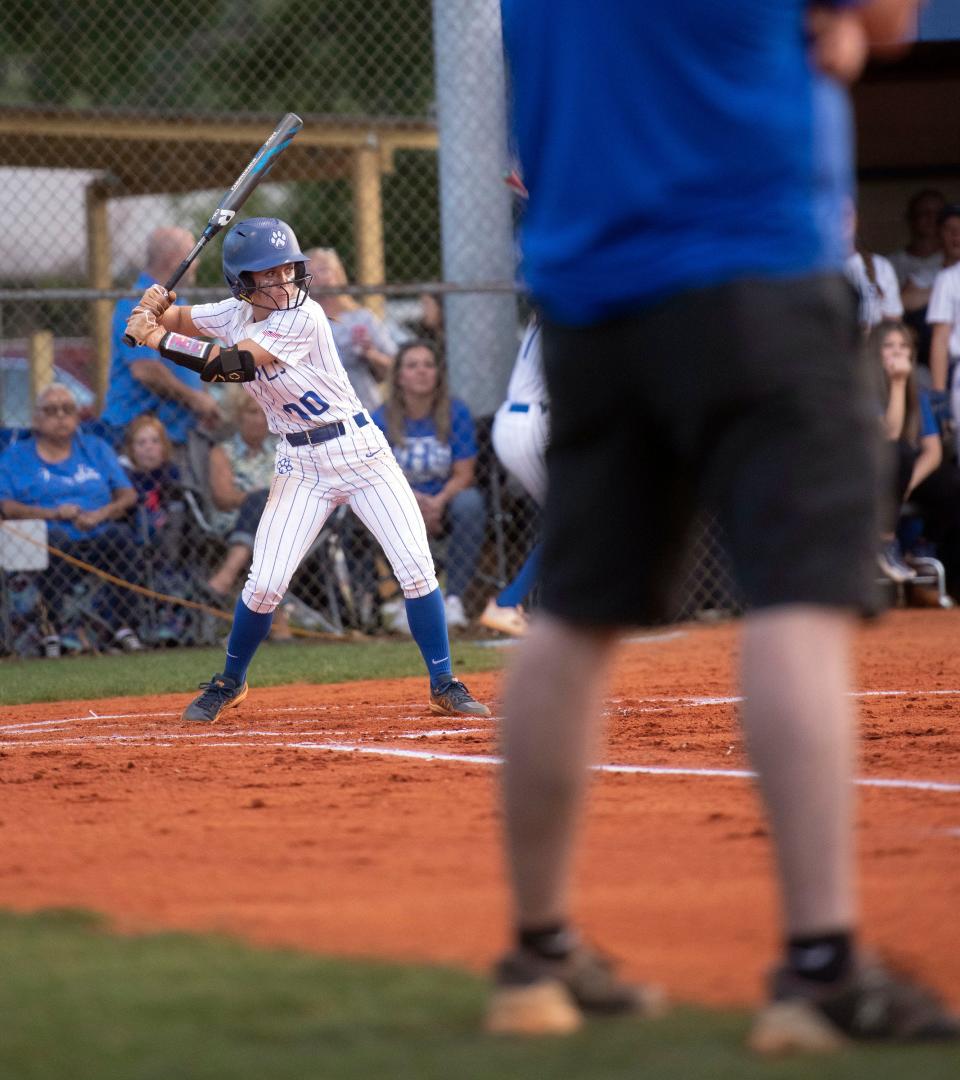 Jay's Ella Nelson (No. 00) sizes up the Freeport pitcher during Thursday's 1-A softball game. The Royals downed the Bullfrogs 10-0 in six innings. 