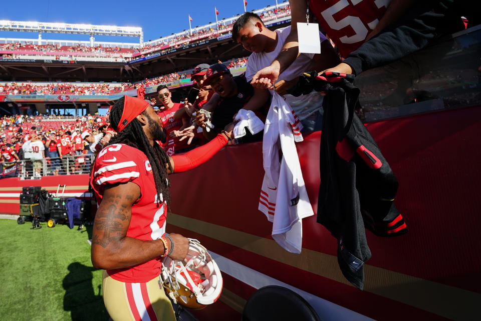 SANTA CLARA, CALIFORNIA - SEPTEMBER 22: Richard Sherman #25 of the San Francisco 49ers signs autographs for fans after beating the Pittsburgh Steelers at Levi's Stadium on September 22, 2019 in Santa Clara, California. (Photo by Daniel Shirey/Getty Images)