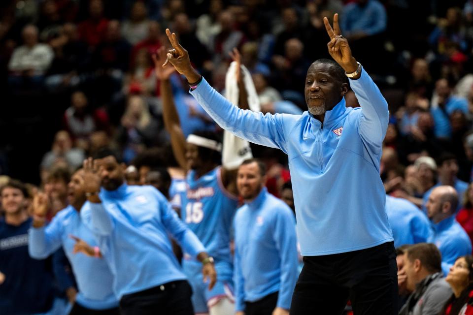 Dayton Flyers head coach Anthony Grant signals his team in the second half of the NCAA men's basketball game between the Dayton Flyers and Cincinnati Bearcats at Heritage Bank Center in Cincinnati on Saturday, Dec. 16, 2023.