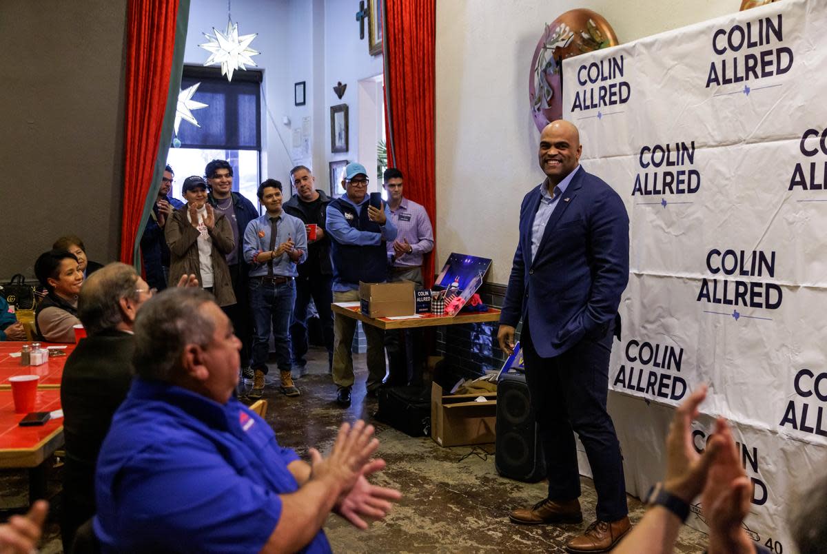 U.S. Rep. Colin Allred, D-Dallas, smiles as the crowd claps and cheers for him during a stop for his U.S. Senate campaign in McAllen on Feb. 17, 2024.Rep. Allred is running against Texas Senator Roland Gutierrez for the March 5 primary election in hopes to be the Democratic candidate that goes head to head with incumbent Ted Cruz for the general election in November.