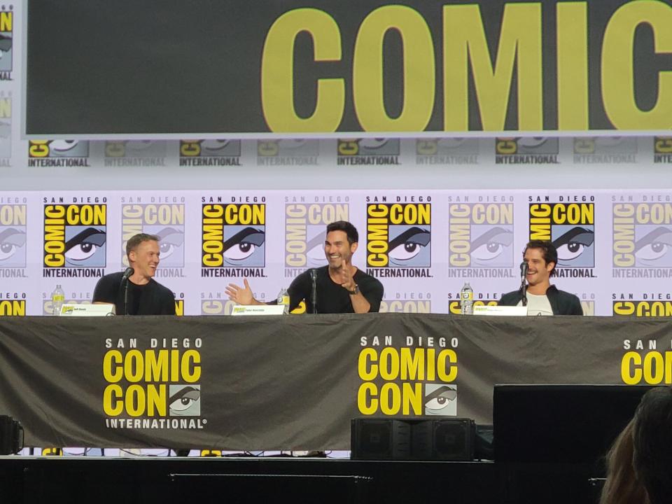 Jeff Davis, Tyler Hoechlin, and Tyler Posey speak at the "Teen Wolf: The Movie" panel in Hall H at the 2022 Comic-Con International held at the San Diego Convention Center on July 21, 2022 in San Diego, California.