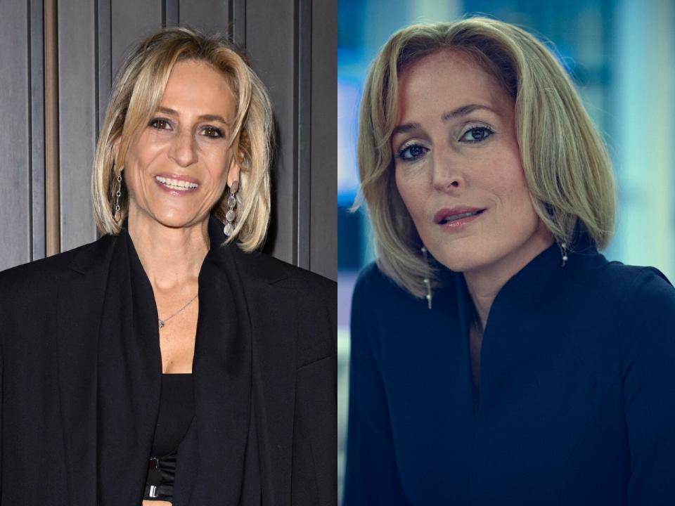 Emily Maitlis in 2023 and Gillian Anderson as Emily in "Scoop."