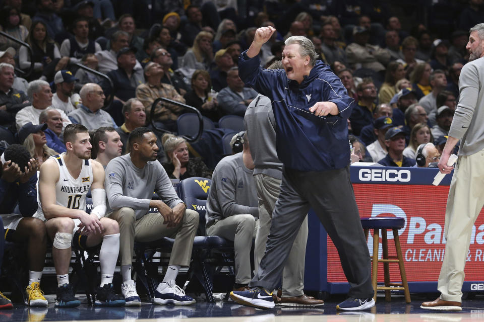 West Virginia coach Bob Huggins reacts during the second half of the team's NCAA college basketball game against TCU on Wednesday, Jan. 18, 2023, in Morgantown, W.Va. (AP Photo/Kathleen Batten)