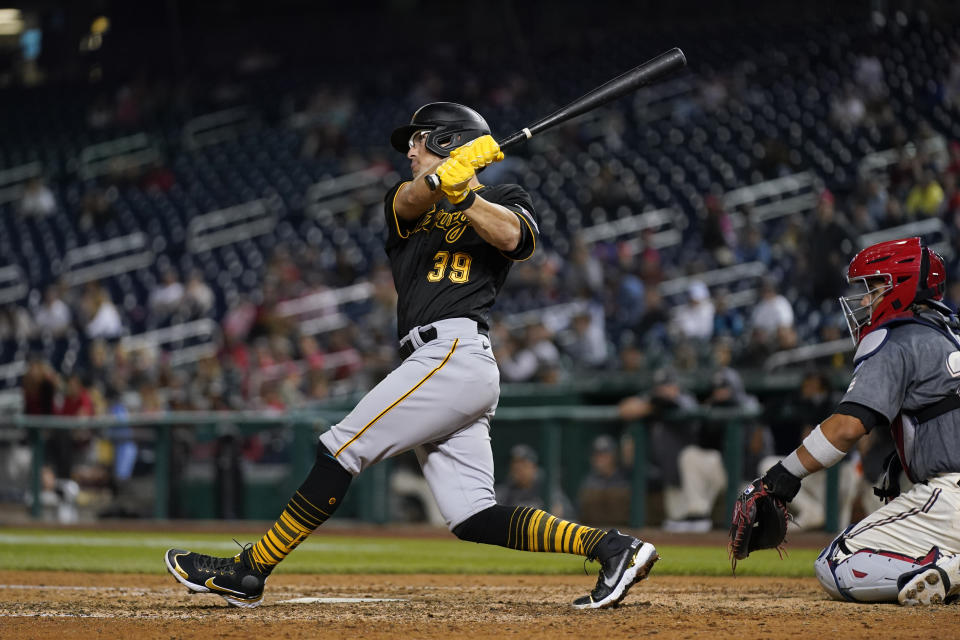 Pittsburgh Pirates' Drew Maggi doubles in the ninth inning of the second baseball game of a doubleheader against the Washington Nationals, Saturday, April 29, 2023, in Washington. (AP Photo/Patrick Semansky)