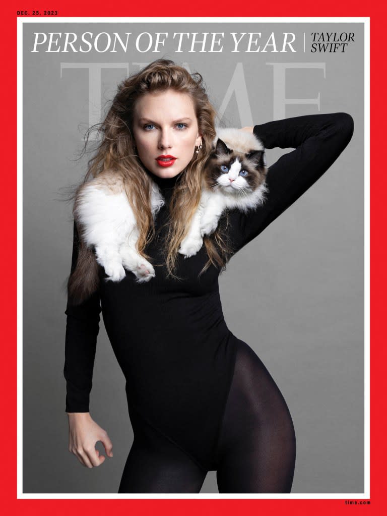 Taylor Swift appears on the cover of Time Magazine’s 2023 “Person of the Year” with her cat, Benjamin Button. Inez and Vinoodh for TIME/Handout via REUTERS