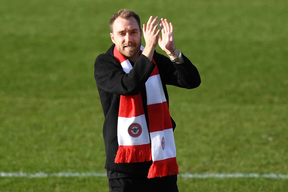 Brentford&#39;s Danish midfielder Christian Eriksen applauds  the fans from the pitch ahead of the English Premier League football match between Brentford and Crystal Palace at Brentford Community Stadium in London on February 12, 2022. - - RESTRICTED TO EDITORIAL USE. No use with unauthorized audio, video, data, fixture lists, club/league logos or &#39;live&#39; services. Online in-match use limited to 120 images. An additional 40 images may be used in extra time. No video emulation. Social media in-match use limited to 120 images. An additional 40 images may be used in extra time. No use in betting publications, games or single club/league/player publications. (Photo by Daniel LEAL / AFP) / RESTRICTED TO EDITORIAL USE. No use with unauthorized audio, video, data, fixture lists, club/league logos or &#39;live&#39; services. Online in-match use limited to 120 images. An additional 40 images may be used in extra time. No video emulation. Social media in-match use limited to 120 images. An additional 40 images may be used in extra time. No use in betting publications, games or single club/league/player publications. / RESTRICTED TO EDITORIAL USE. No use with unauthorized audio, video, data, fixture lists, club/league logos or &#39;live&#39; services. Online in-match use limited to 120 images. An additional 40 images may be used in extra time. No video emulation. Social media in-match use limited to 120 images. An additional 40 images may be used in extra time. No use in betting publications, games or single club/league/player publications. (Photo by DANIEL LEAL/AFP via Getty Images)