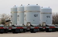 Empty nuclear waste shipping containers sit in front of the Waste Isolation Pilot Plant near Carlsbad, N.M. on Thursday, March 6, 2014. Operations at the nation's only underground nuclear waste repository were halted in February following a truck fire and a release of radiation nine days later. (AP Photo/Susan Montoya Bryan)