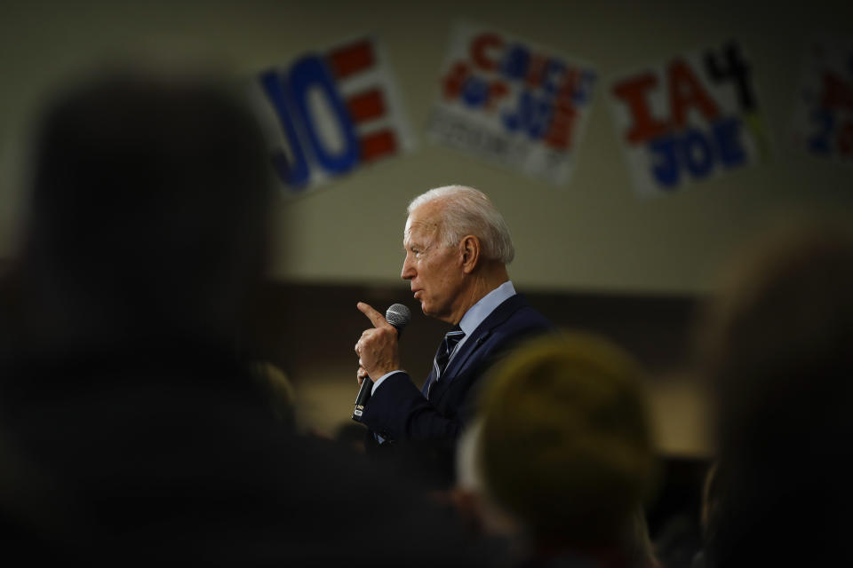 Democratic presidential candidate former Vice President Joe Biden speaks during a campaign event, Tuesday, Jan. 21, 2020, in Ames, Iowa. (AP Photo/Matt Rourke)