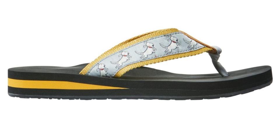 Women's Original Maine Isle Flip-Flops in Vapor Gray/Light Gold Jumping Buddy. Image via L.L. Bean.