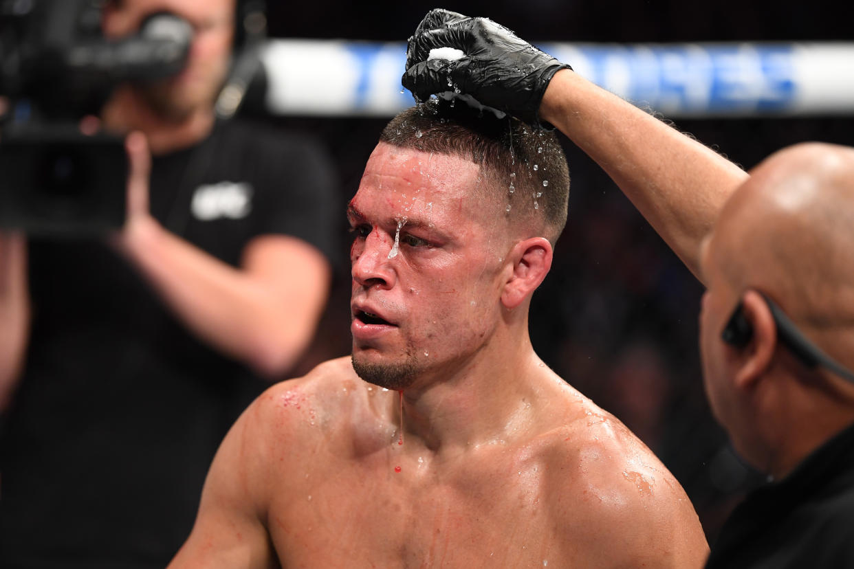 ANAHEIM, CALIFORNIA - AUGUST 17:  Nate Diaz walks back to his corner after the second round of his welterweight bout against Anthony Pettis during the UFC 241 event at the Honda Center on August 17, 2019 in Anaheim, California. (Photo by Josh Hedges/Zuffa LLC/Zuffa LLC via Getty Images)