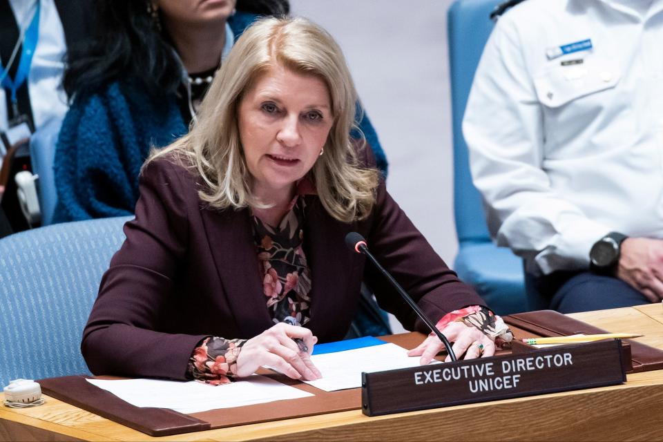 Executive Director of UNICEF Catherine Russell addressing members of the UN Security Council (AP)