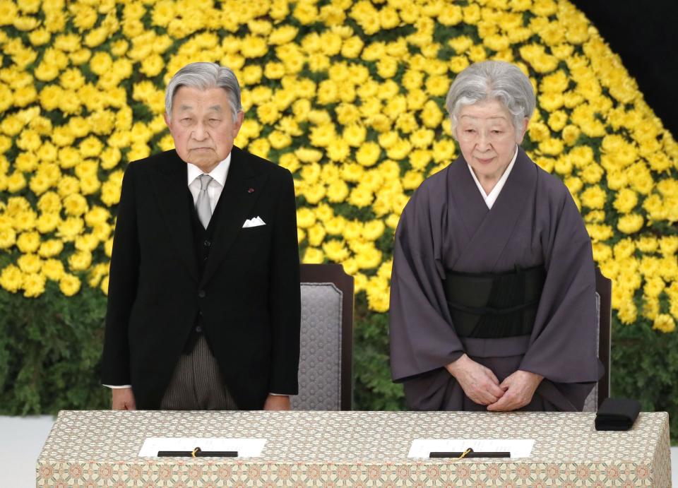 Japanese Emperor Akihito and Empress Michiko, attend a memorial service for the war dead at Nippon Budokan martial arts hall Wednesday, Aug. 15, 2018, in Tokyo. Emperor Akihito has expressed deep remorse over his country's role in World War II as he made his last appearance at a ceremony marking the end of the hostilities. (Hiroko Harima/Kyodo News via AP)