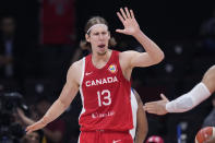 Canada forward Kelly Olynyk (13) reacts during the Basketball World Cup bronze medal game between the United States and Canada in Manila, Philippines, Sunday, Sept. 10, 2023. (AP Photo/Michael Conroy)