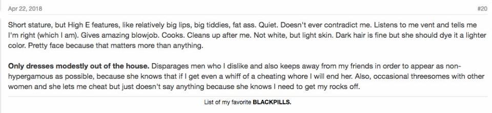 An incel describes his ideal woman&rsquo;s physical features on Incels.me. (Photo: Incels.me)