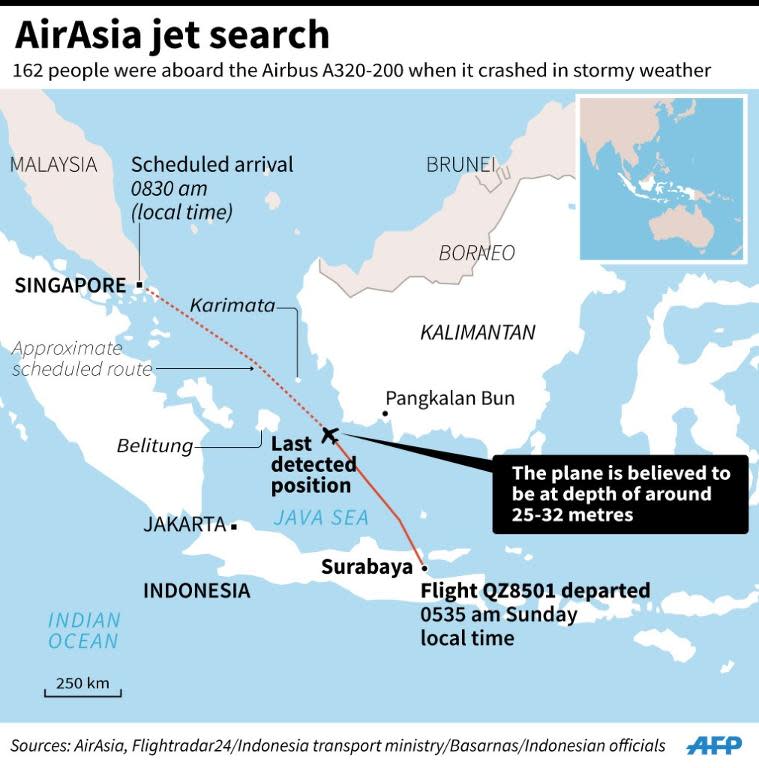 Map showing the search area for AirAsia QZ8501 in the Java Sea