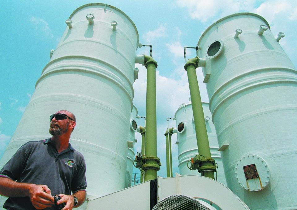 The four water treatment towers that the city of Riviera Beach had to pay millions of dollars for after a local company contaminated the ground over the aquifer in the late 1960s. Each tower can treat 3,000 gallons of water.